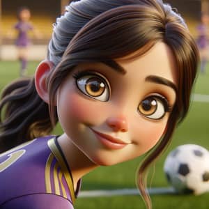 Young Caucasian Girl Playing Soccer in Purple & Gold Uniform