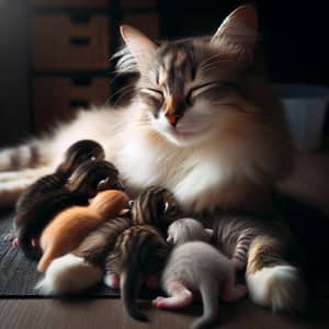 Mother Cat Caring for Kittens - Heartwarming Scene
