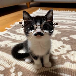 Intelligent Black and White Cat with Glasses on Cashmere Rug