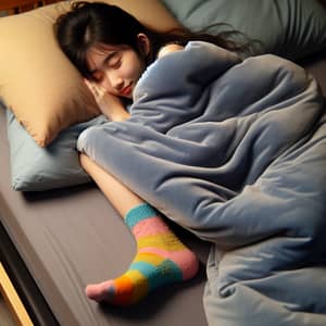 Cozy and Peaceful Moment: Girl Sleeping with Colorful Sock
