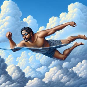 Magical Realism Art: Determined South Asian Man Swimming in Air