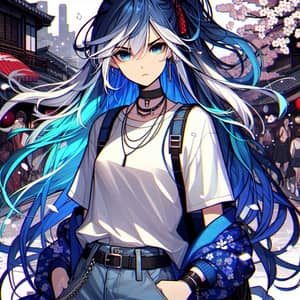 Anime-Style Girl with Electric Blue Hair | Fashionable Outfit