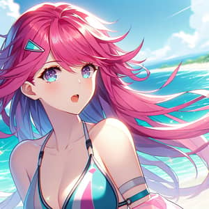 Vibrant Pink-Haired Anime Girl at Beach | Captivating Illustration