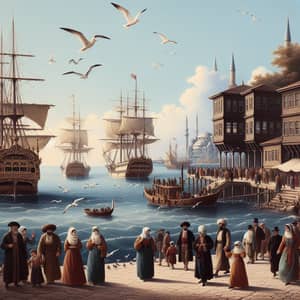 Sunny Ottoman Era Seaside Scene with Ships and People