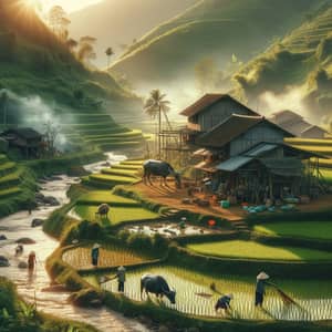 Tranquil Vietnamese Countryside: Lush Fields, Wooden Houses & Farmers