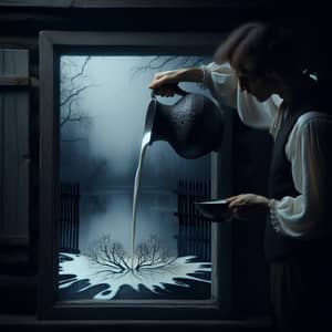 Poet Pouring Milk into Gloomy Pond | Melancholic Scene Unfolding