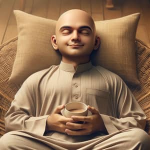 Bald Young Man in Shalwar Kameez Enjoying Tea