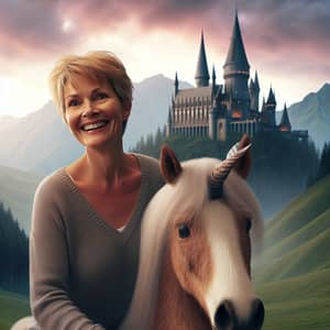 Middle-Aged Woman Riding Mythical Creature to Majestic Castle