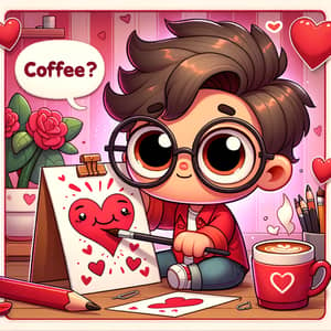 Cartoon Boy Crafting Valentine's Artwork - Cheeky Coffee Message