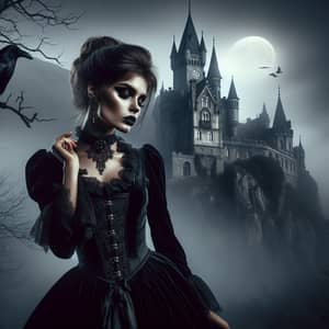 Gothic Medieval Castle Scene with Mysterious Woman
