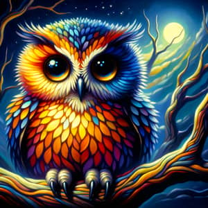 Vibrant Owl Painting with Rich Feathers on Twisted Branch