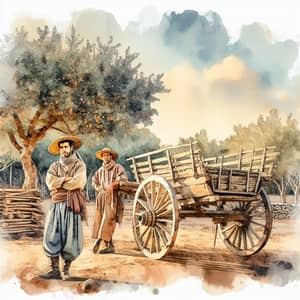 Traditional Ibizan Farmer Poses with Wooden Cart in Serene Environment