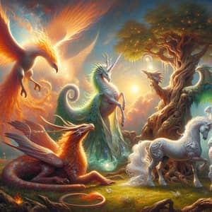Fantasy Creatures Grand Display on Grassy Meadow