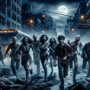 Horror Scene: Group Fleeing Undead in City Chaos
