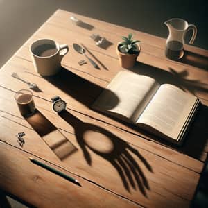 Enigmatic Scene with Wooden Table, Pencil, Book, Coffee, and Shadows