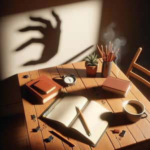 Realistic Wooden Table Scene with Everyday Objects