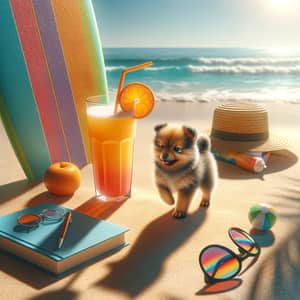 Sunny Beach Day Scene with Surfboard, Puppy, Book & Juice