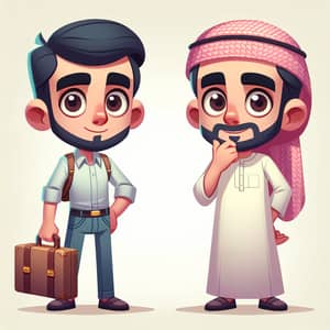 Curious Middle-Eastern Male Cartoon Character with Suitcase