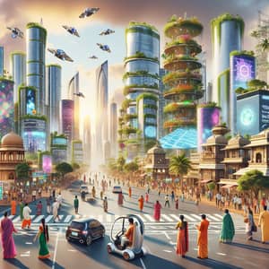 Futuristic Landscape of India 2050: Skyscrapers, Solar Panels, Flying Cars