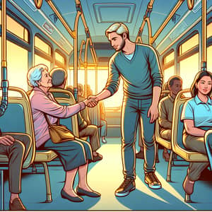 Chivalrous Hispanic Man Offering Seat to Elderly Caucasian Woman in Well-Lit Bus