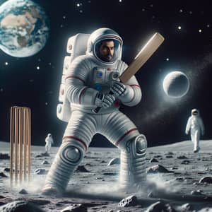 Moon Cricket: South Asian Astronaut Playing Cricket in Zero Gravity