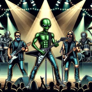 Diverse Rock Musicians Perform Onstage with Extraterrestrial Entity