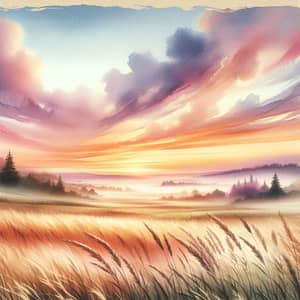 Dreamy Sunset Landscape in Watercolor Style