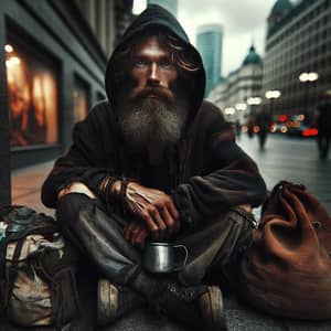Portrait of a Homeless Man in Urban Setting