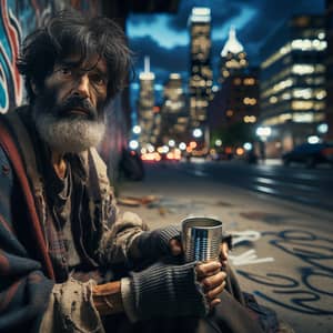 Homeless South Asian Individual Seated on City Sidewalk
