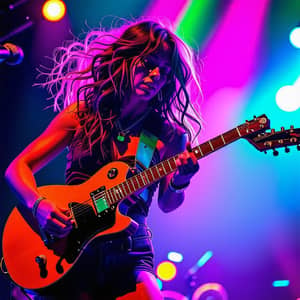 Captivating Woman Rocking the Stage with Guitar in Vibrant Neon Colors
