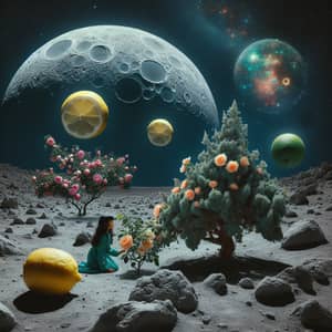 Dreamlike Lunar Garden with Lemons, Roses, Juniper & Girl