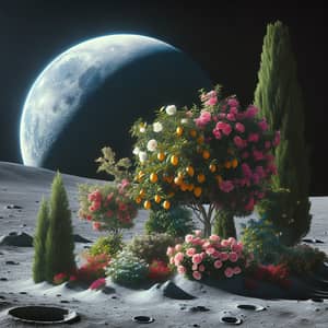 Surreal Moon Garden: Lemon Trees, Roses, and Junipers