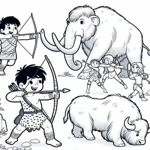 Prehistoric Children's Coloring Book Page: Mammoth & Bison Hunt
