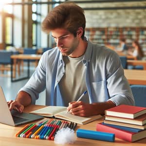 Caucasian Male Student Researching in Library | Data Gathering
