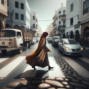 Tunisian Woman Crossing Urban Street | Cultural Fusion