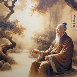 Tranquil Elderly Asian Man in Traditional Robes | Wise Sage in Serene Garden