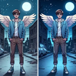 Teenage Boy with Imaginary Wings in Night Time Scene