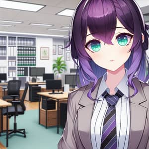 Professional Anime Art: Purple-haired Girl in Office Setting