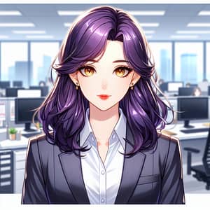 Professional Woman with Purple Hair in Anime Style | Office Setting
