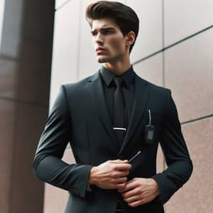 Professional Caucasian Bodyguard in Sharp Black Suit