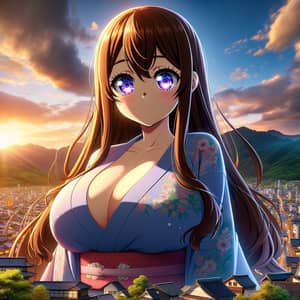 Giant Anime Girl in Traditional Kimono - Enchanting Cityscape