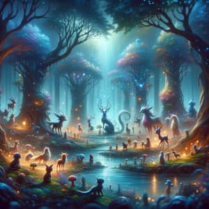 Mystical Forest with Magical Creatures | Vibrant Colors & Glowing Light