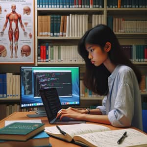 Dedicated Female Medical Student Learning Software Development in University Library