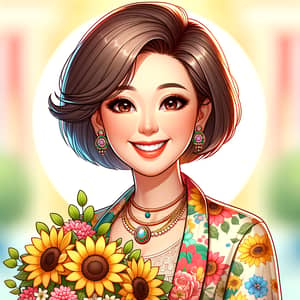 Charming Asian Woman with Sunflower Bouquet | Uplifting Cartoon Art