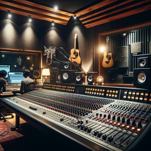 Professional Recording Studio with Sound Mixing Console and Guitars