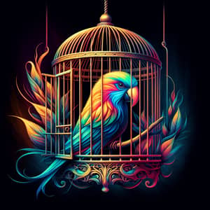 Colorful Exotic Bird in Vintage Birdcage - Fantasy Artwork