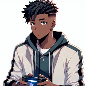 Anime Style Black Boy Playing Video Games in Casual Clothes