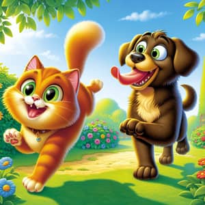 Whimsical Cat and Dog Playful Scene in Lush Garden