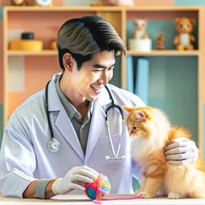Playful Interaction: Cat Engaged with Vet