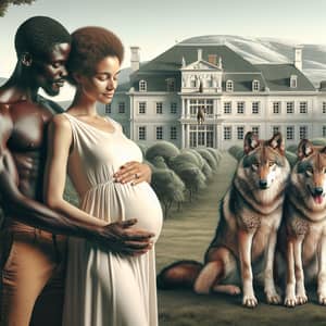 Romantic Pose of Man and Pregnant Woman with Wolves and Grand Mansion
